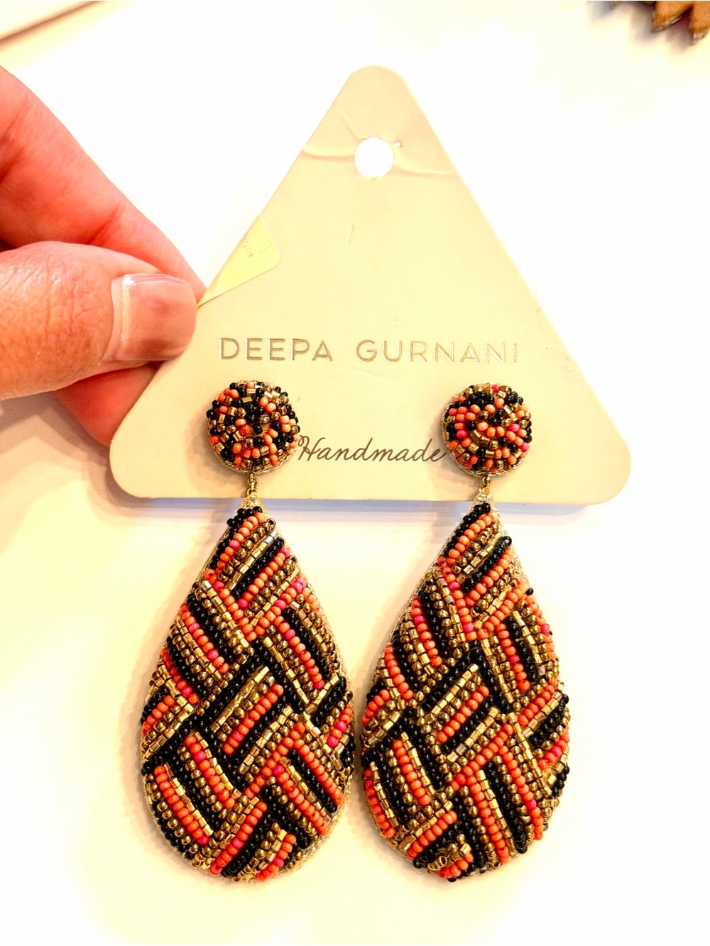 Deepa Gurnani Coral, Gold & Black Beaded Teardrop Earrings